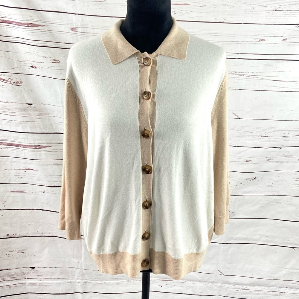 Ann Taylor Sweater Women’s XL Brown White Cardigan‎ Button Up Collared